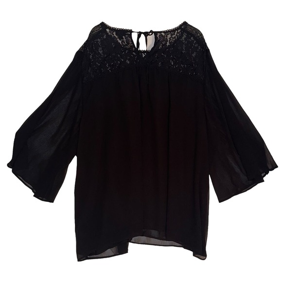 Torrid Plus 5X Crinkle Chiffon Lace Trim Top Black Sheer Chiffon 3/4 Sweetheart - Picture 1 of 4
